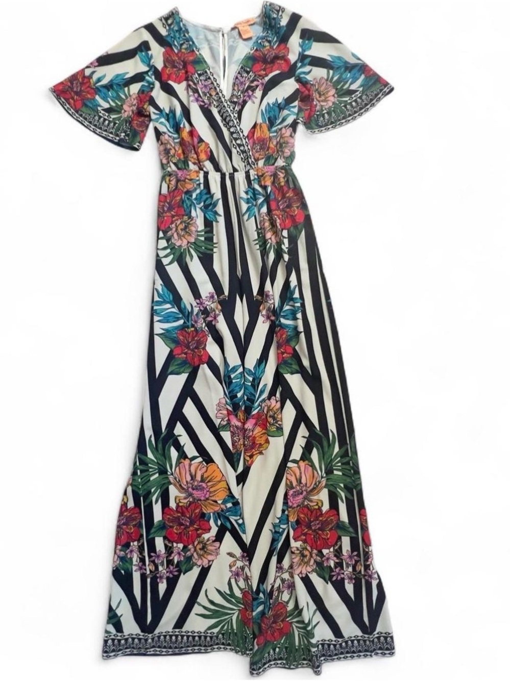 Flying Tomato Black & White Striped Maxi Jumpsuit with Multicolor Floral Print